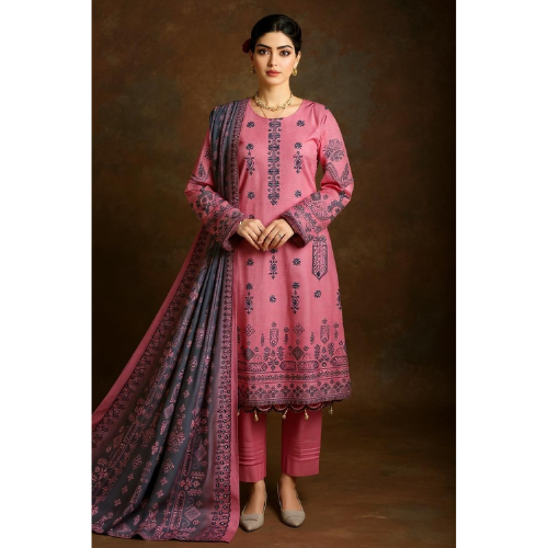 Woman wearing a pink traditional outfit with a matching dupatta on a brown background