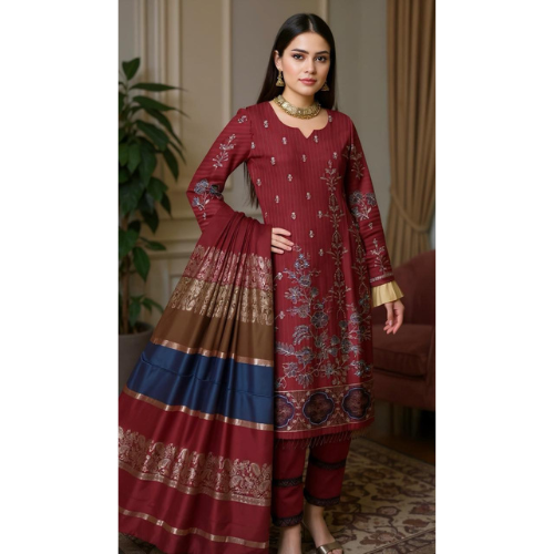 Woman wearing a traditional maroon and blue embroidered outfit indoors.