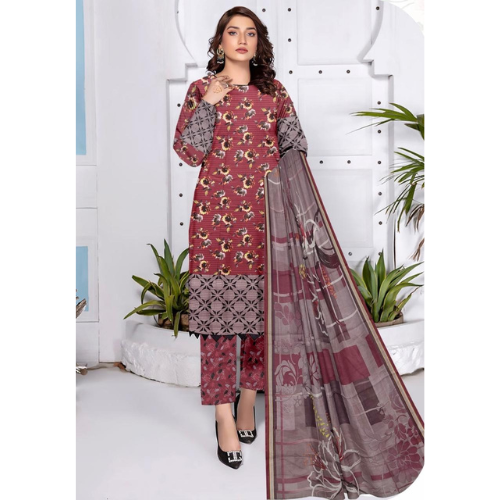 Woman wearing a red and patterned outfit with a matching dupatta against a white background.