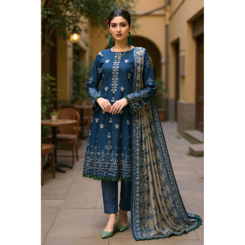 Woman wearing a blue embroidered traditional outfit with a matching dupatta in an outdoor setting.