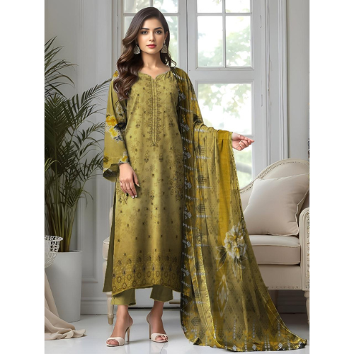 Woman wearing a yellow traditional outfit with a matching dupatta in a well-lit room.