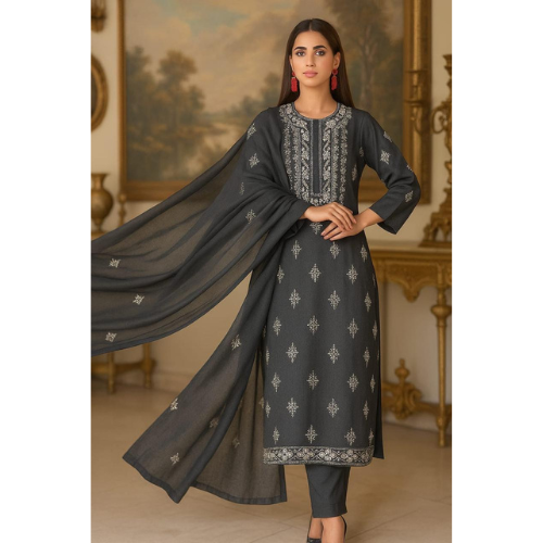 Woman wearing a black embroidered outfit with a sheer dupatta in a decorated room.