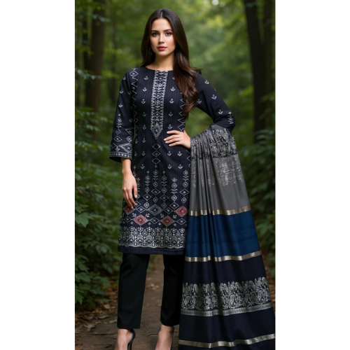 Woman wearing a traditional outfit with a patterned dress and saree in a forest setting