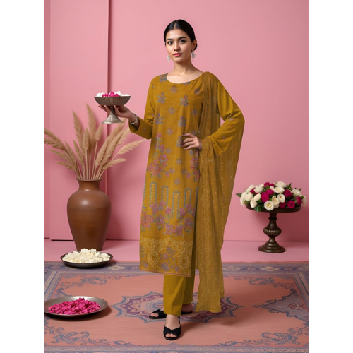Woman in a mustard yellow traditional outfit holding a bowl against a pink background