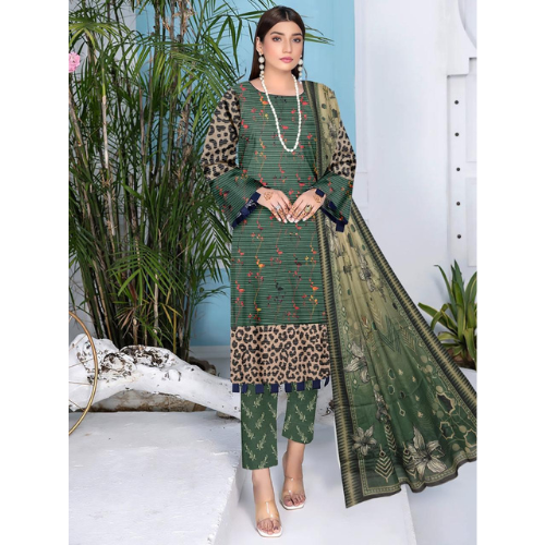 Woman wearing a green and leopard print outfit with a matching dupatta in an indoor setting.