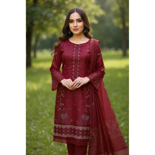 Woman wearing a maroon traditional outfit with embroidery in an outdoor setting