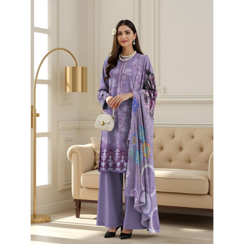 Woman in a purple outfit standing in a stylish room with a couch and lamp.
