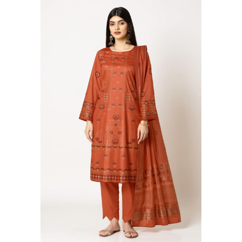 Woman wearing an orange embroidered traditional outfit on a white background