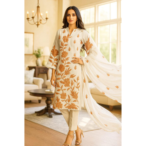 Woman wearing a floral dress in a living room setting