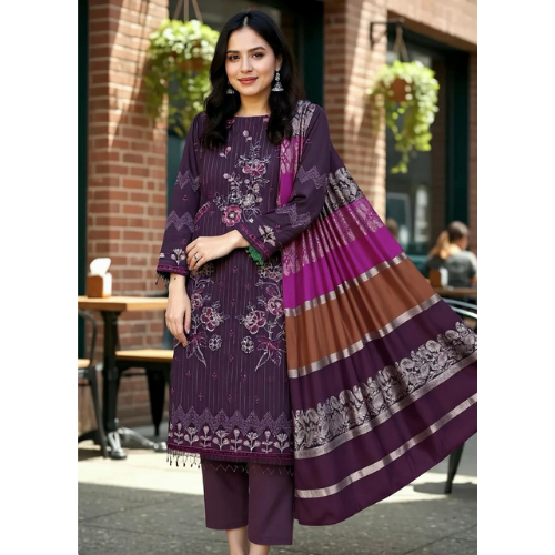 Woman wearing a traditional outfit with a purple and brown patterned dress in an outdoor setting.