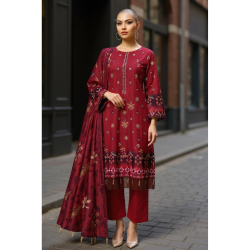 Woman wearing a red traditional outfit with intricate patterns on a street.
