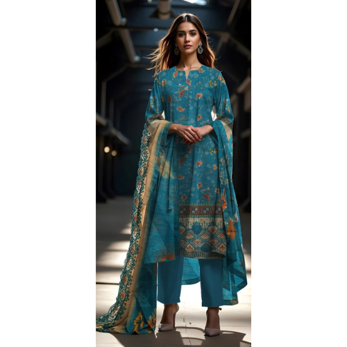 Woman wearing a blue traditional outfit with intricate patterns in a modern indoor setting.