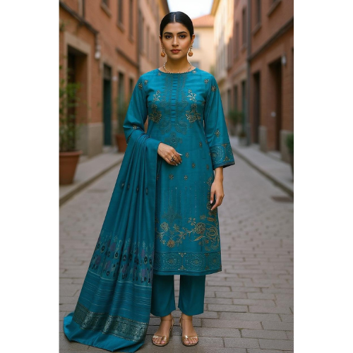 Woman wearing a blue embroidered traditional outfit on a street.