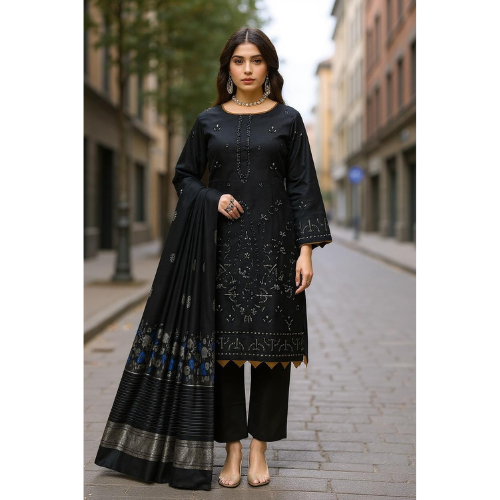 Woman wearing a black traditional outfit with intricate designs on a city street.