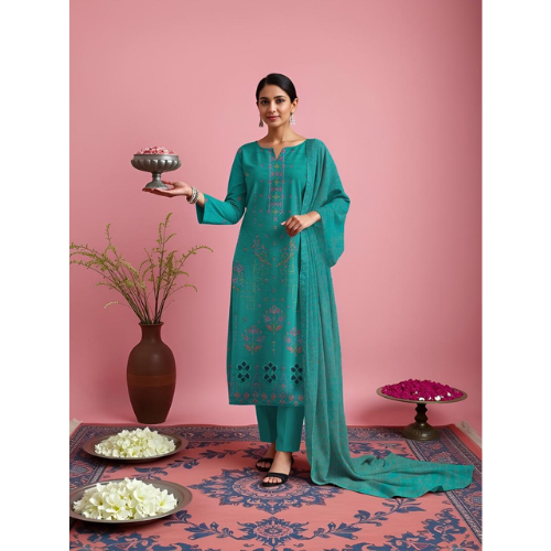 Woman in a teal traditional outfit holding a decorative item against a pink background