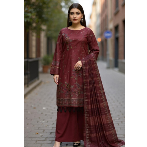 Woman wearing a maroon traditional outfit with a dupatta on an urban street.