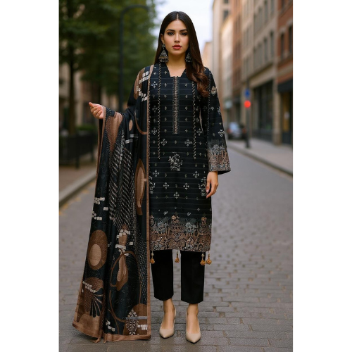 Woman in a black and brown traditional outfit with a matching scarf on a city street.