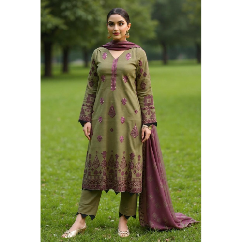 Woman in a green embroidered outfit with a purple dupatta standing on grass.