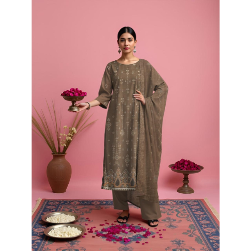 Woman in a brown traditional outfit holding a bowl of flowers on a pink background