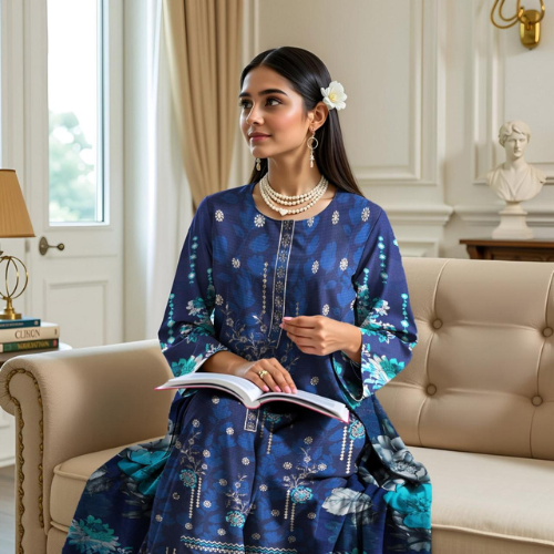 Woman in a blue and green traditional outfit sitting on a beige couch holding a book.