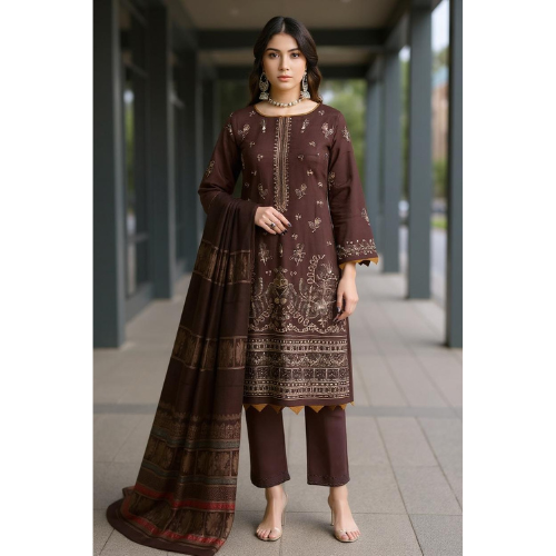 Woman wearing a brown traditional outfit with intricate patterns in an outdoor setting.