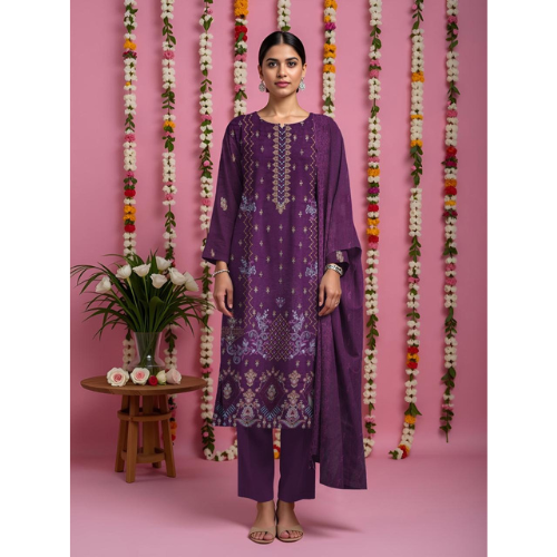 Woman in a purple embroidered outfit standing against a pink background with floral decorations.