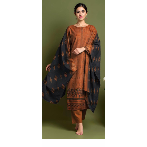 Woman wearing a traditional outfit with a black and rust patterned dupatta against a green background