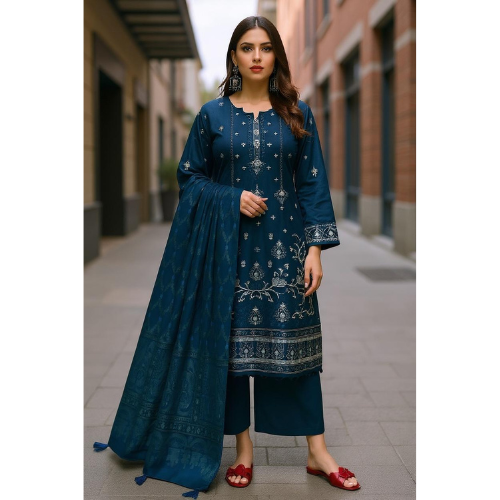 Woman wearing a blue embroidered outfit on a city street.