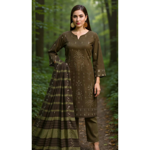 Woman wearing a green and brown traditional outfit in a forest setting