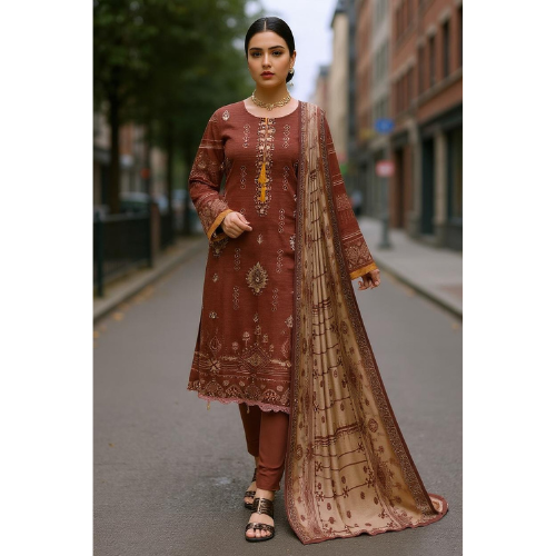Woman in a traditional brown embroidered outfit standing on a city street.