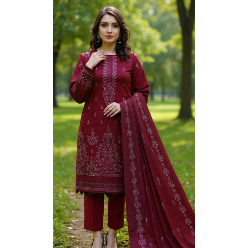 Woman wearing a maroon embroidered outfit with a dupatta in a park setting