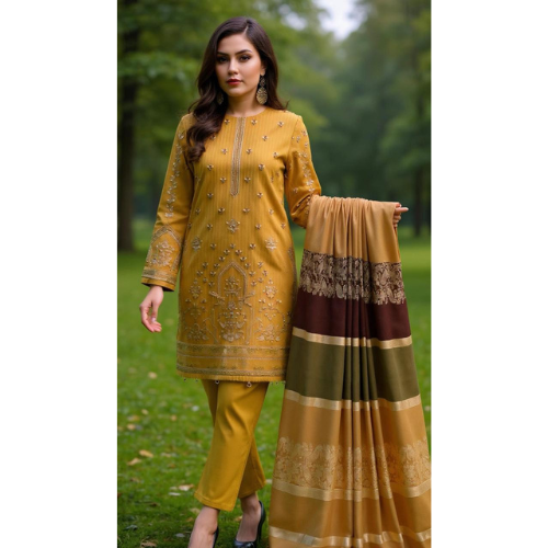Woman holding a saree with a green outdoor background