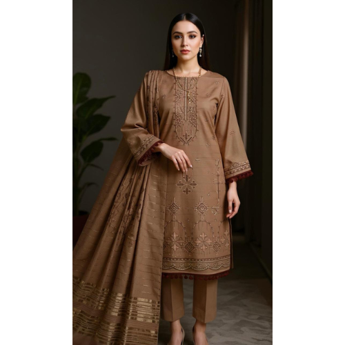Woman wearing a brown embroidered traditional outfit in a dimly lit room.