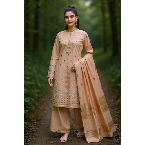 Woman in a peach embroidered traditional outfit standing in a forest setting